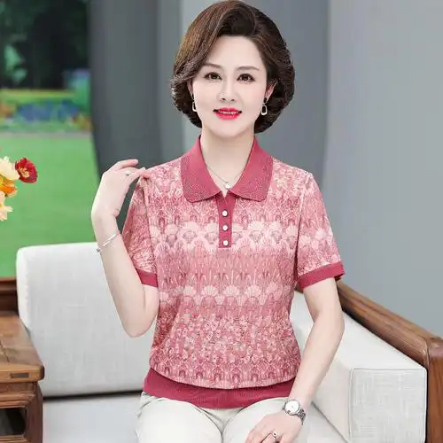 妈妈夏装冰丝短袖t恤衫50岁中年女装针织上衣薄老年人夏季新款女￥66