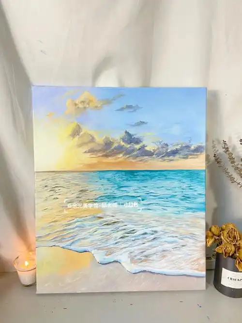 丙烯画大海日落黄昏的海滩详细调色教程