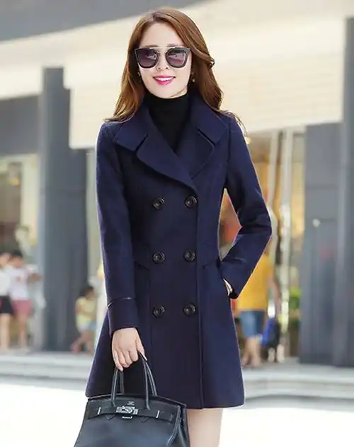 丝柏舍女装移动端专场女藏青色气质双排扣中长款毛呢大衣036773a181