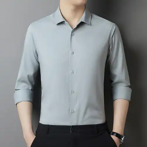 春秋新款长袖男士衬衫中年商务休闲免烫百搭翻领莫代尔衬衣-阿里巴巴