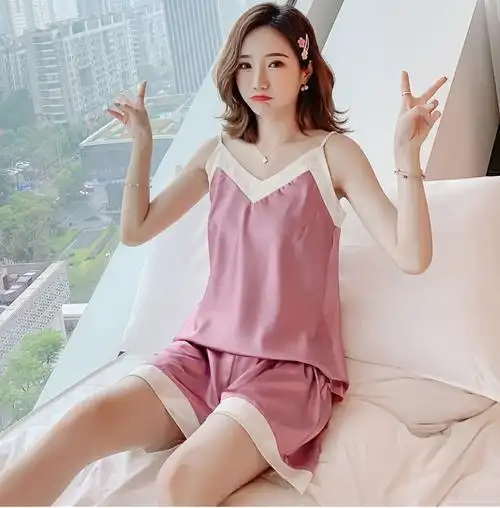 睡衣夏季冰丝薄款女士性感吊带两件套宽松无袖背心套装家居服春秋粉红