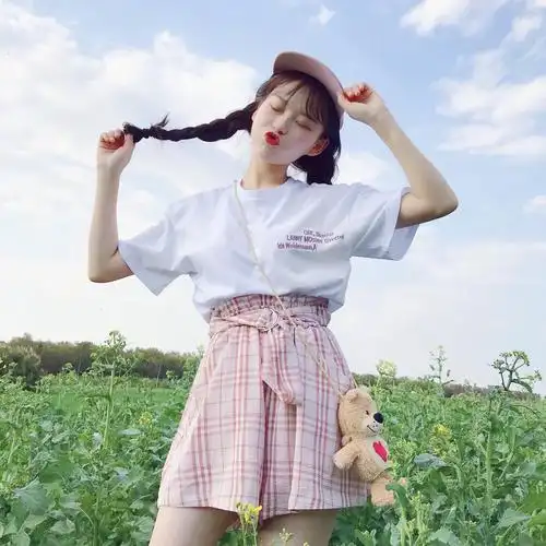 小清新套装女夏装短袖t恤 格子阔腿裤韩版学生上衣短裤两件套8041