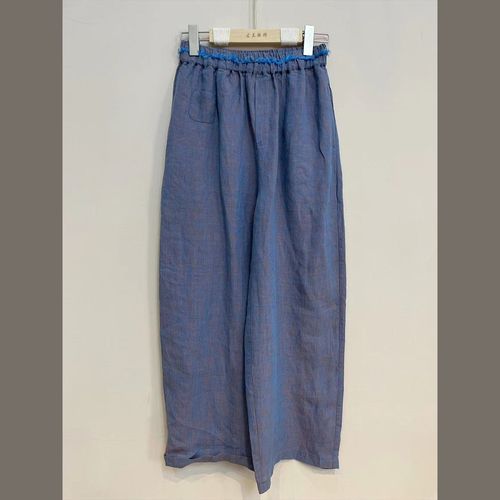 夏新款金属蓝紫色调阔腿裤色织亚麻松紧腰宽松直筒裤女休闲九分裤