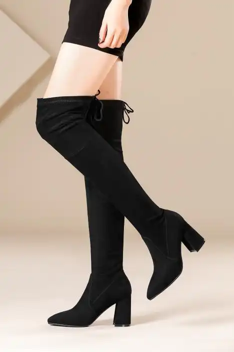 过膝长靴女韩版2018新款秋冬显瘦性感中跟百搭系带绒面高筒靴