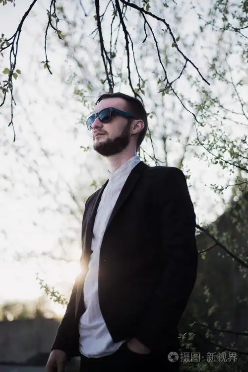 漂亮的黑发男人上一次日落的肖像