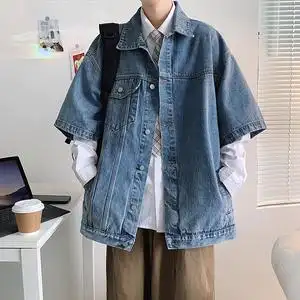 短袖牛仔外套男2022年韩版潮流宽松休闲高街嘻哈男士外穿工装夹克