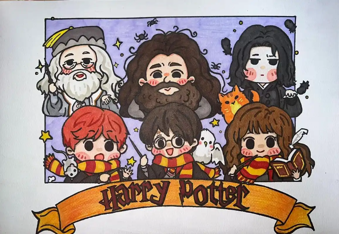 哈利波特q版手绘 这幅画是八开水彩纸,用的马利铅笔,秀丽笔,彩铅和