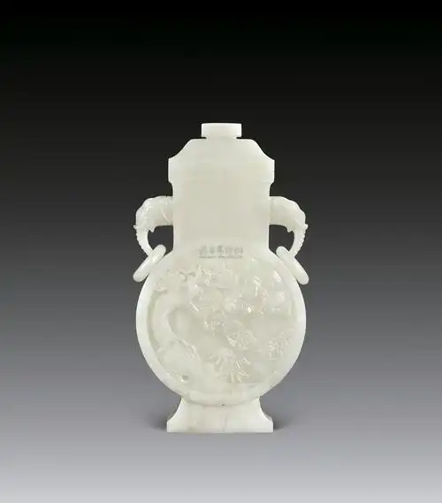 0236 民国 和田玉西厢记图双象耳扁瓶