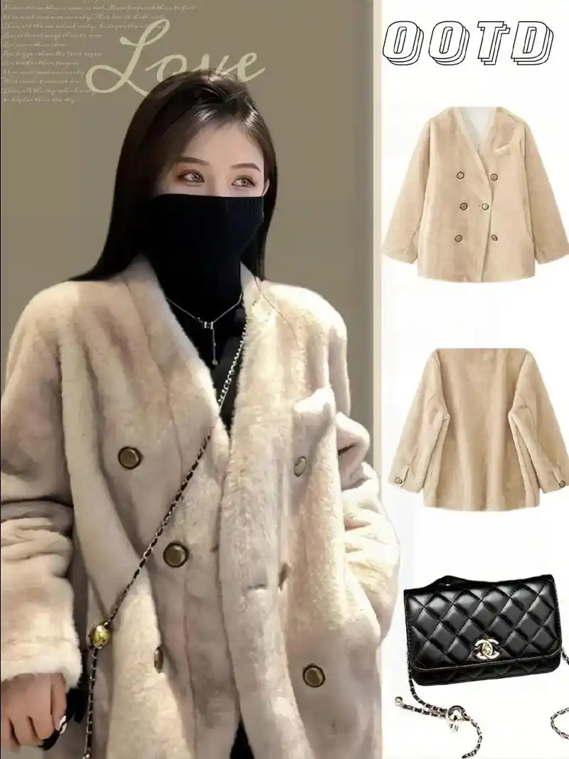 韩版复古一体绒毛大衣外套