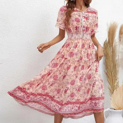 欧美外贸亚马逊跨境粉色女装连衣裙新品爆款时尚少女粉印花长裙