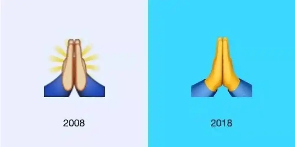 emoji表情十年间的变化,我才发现"双手合十"外面的圣光没了.