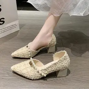 高跟鞋粗跟女休闲女鞋浅口尖头法式中跟单鞋春秋款气质名媛伴娘鞋