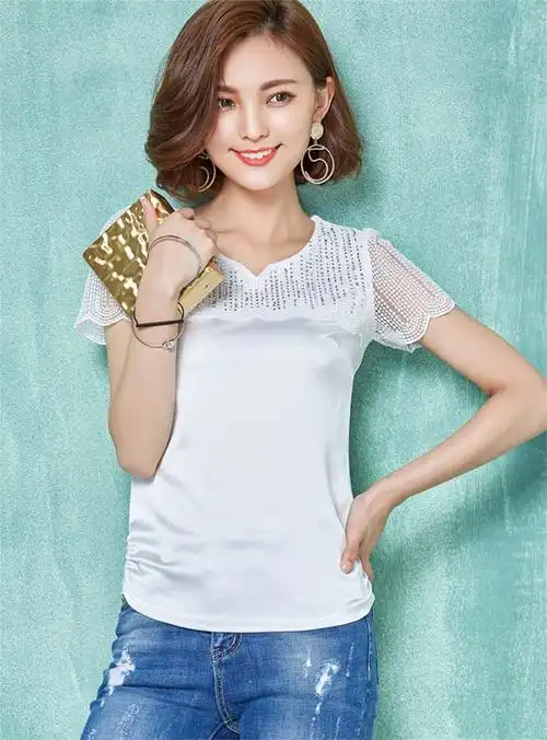 陌橡moshine2016夏装新品韩版女装修身v领小衫上衣短袖雪纺jm9039s35