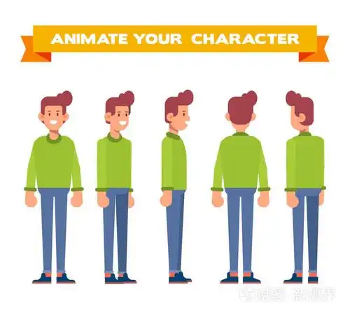 动画的年轻人正面背面34视图字符身体的不同部分卡通风格平面矢量插图