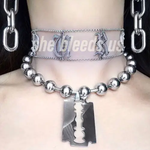 choker项圈 欧美_刀片钢珠choker项圈不锈钢钛钢抛光面欧美简约粗狂