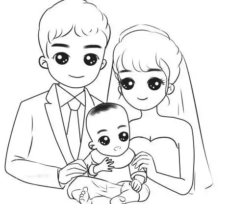 一家三口 定制手绘合影