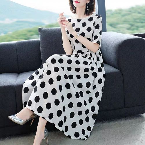 (清仓价)棉麻减龄女装洋气高贵夫人连衣裙波点五分袖裙子2020夏季