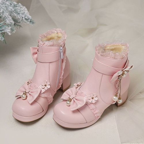 儿童洛丽塔鞋子女童高跟鞋十二星座公主风粗跟礼服鞋加绒马丁靴女