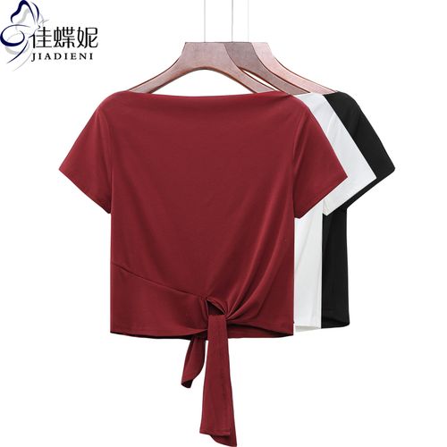 夏装新款韩版一字领短款纯棉短袖体恤网红同款上衣女下摆打结高腰