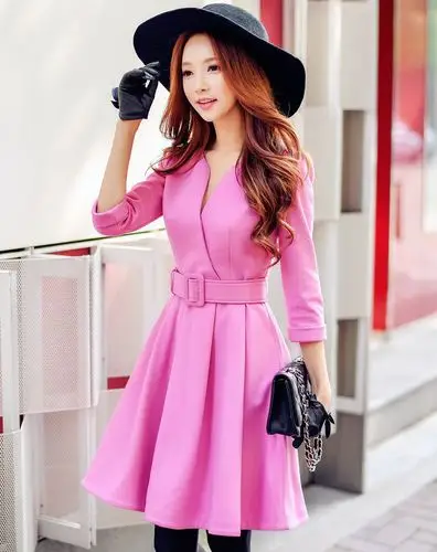 玫粉色气质ol收腰大摆连衣裙