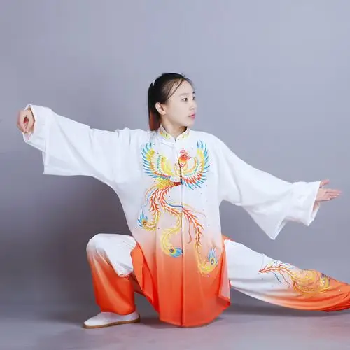 新款太极渐变刺绣凤凰太极拳比赛服演出服加长长男太极服