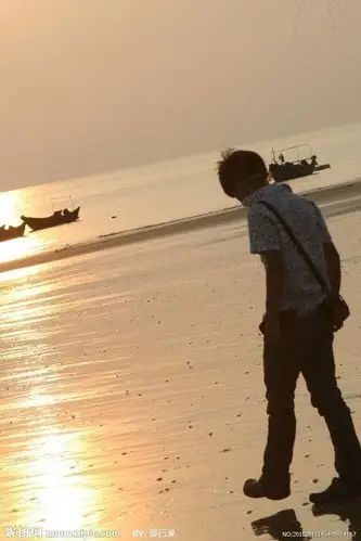 求一张图片,在夕阳下,一个男孩在海边背着书包
