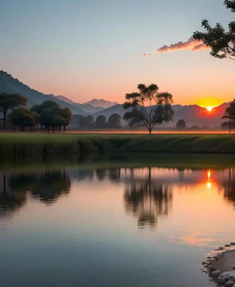 夕阳西下,天水一色,湖边美景 这是一个平静而美丽的夏日晚上,在湖面上
