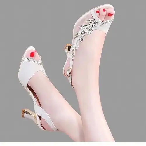 鱼嘴凉鞋女细跟性感2022夏季新款女士粗跟网纱高跟鞋一字扣带中跟35