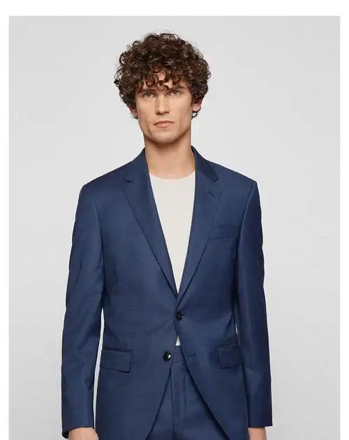 男士2022年春夏新款微图案初剪羊毛修身西装套装两件套413深蓝色eu50a