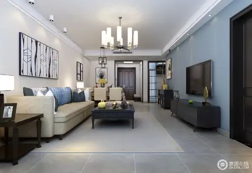 客厅以灰色地砖和白色吊顶形成灰白素简,米色沙发墙上黑白抽象艺术画