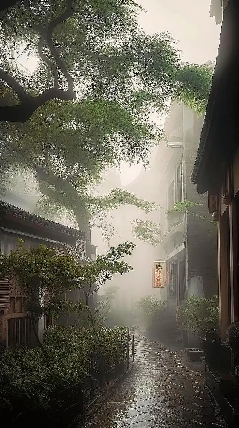 傍晚时分,古镇的街道绿树成荫,屋檐下 挂着红灯笼,街头巷尾弥 - 抖音