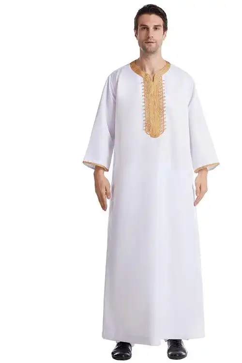 中东服装沙特阿拉伯长袍阿曼迪拜旅游男士圆领八分袖大袍男子绣花袍子