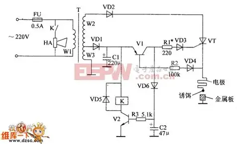 电路工作原理本例介绍的电子灭鼠器,能在老鼠碰到电极上时,立即产生