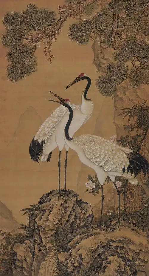 8413 双鹤延年图 立轴 设色绢本