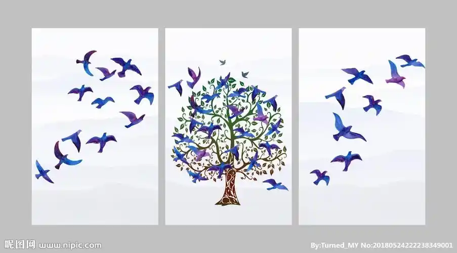 蓝色小鸟 三联画图片