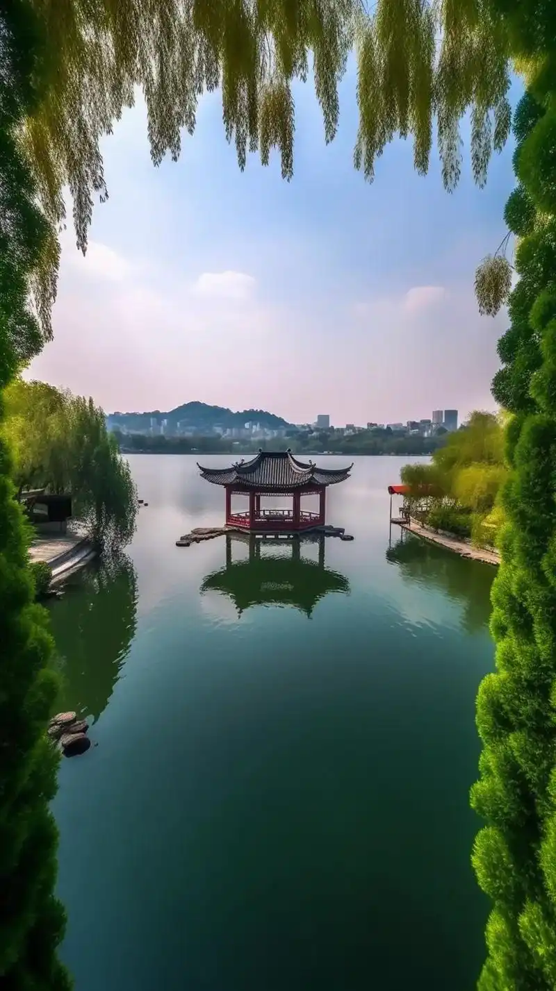 杭州西湖.蓝天白云的西湖阳光明媚,碧绿如玉,千姿百态,微风吹 - 抖音