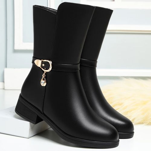 技茗2023秋冬季妈妈鞋子棉鞋低跟加绒加厚保暖中年中老年女士中筒靴子