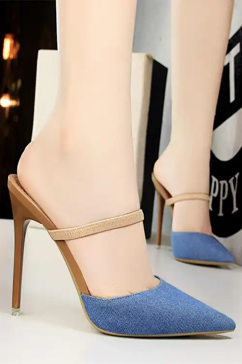 夏季新款韩版包头拖鞋细跟高跟性感夜店显瘦尖头牛仔布面一字带女凉