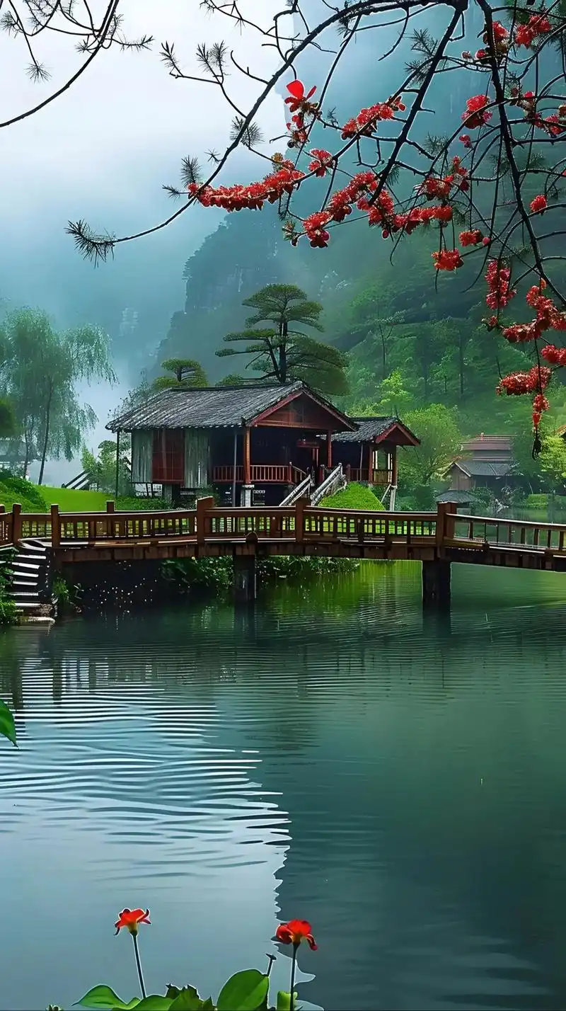 远山云雾缭绕,小桥流水人家,湖边花草摇曳,散发出淡淡的清香, - 抖音