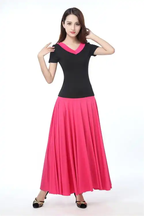 月袖新款民族风广场舞服装长裙女夏新疆舞半身裙藏族舞蹈服装纯玫红v