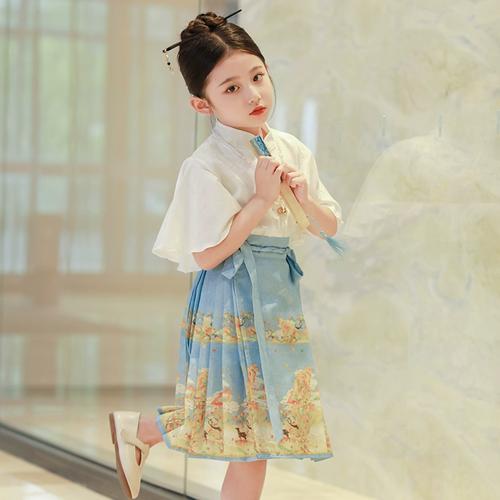 大童夏款女童中国风古装改良半身马面裙套装儿童汉服童装明制唐装