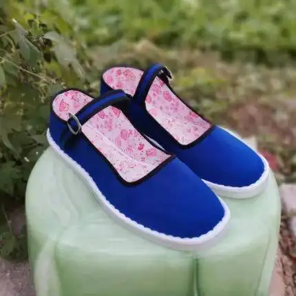 女士一字扣带蓝色布鞋手工鞋塑料底平底春夏秋穿低帮居家单鞋包邮