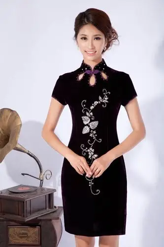 2013新款 时尚改良旗袍 长袖旗袍 丝绒旗袍连衣裙 秋装妈妈装批发图片