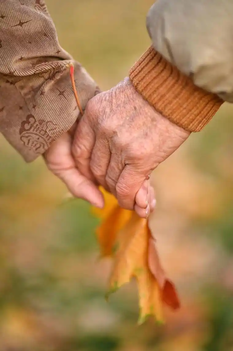 夕阳下靠在草垛上的恩爱老年夫妻