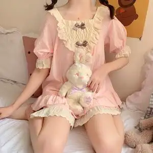 可爱日系软妹甜美蝴蝶结花边粉色睡衣女夏季家居服套装两件套学生