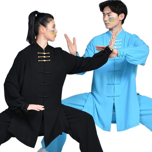 劲极太极服女士男春夏季秋装中长款套装太极拳练功服新款武术表演 金