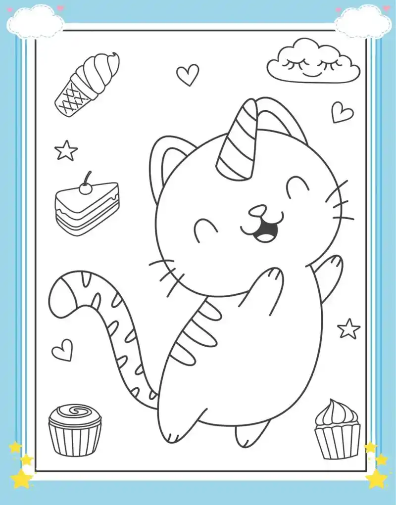 猫和独角兽涂色素材  线稿93打印#马克笔 #马 - 抖音