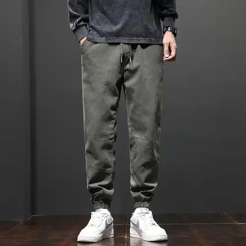 日系拼接弹力牛仔裤男加绒舒适宽松长裤子男士灰色修身显高休闲裤