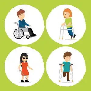 矢量卡通插图的残障人士年轻快乐的女人与假肢牵手与她的女性朋友