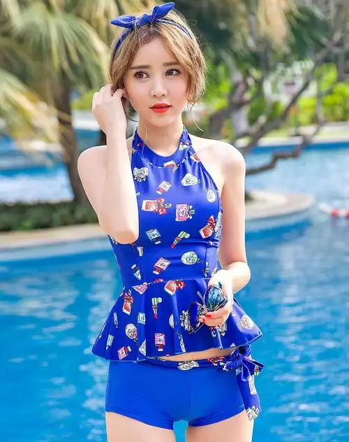 灵动荷叶边 女士蓝色分体平角泳衣 收腰显瘦